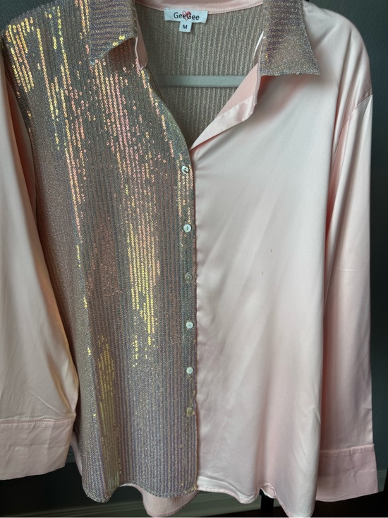 GeeGee Tops - GeeGee Pink Sequin-Front Button-Up Blouse